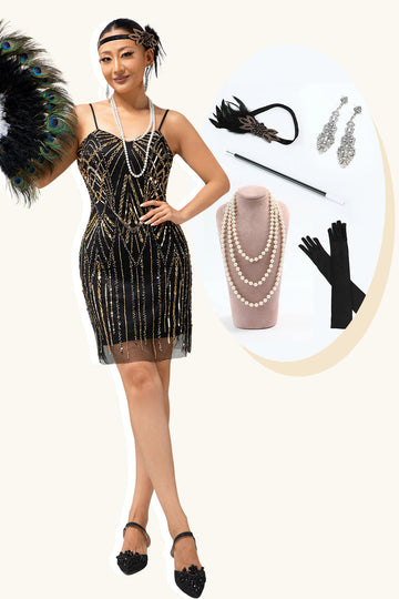 złota cekinowa sukienka bodycon 1920s z 5-częściowym zestawem akcesoriów